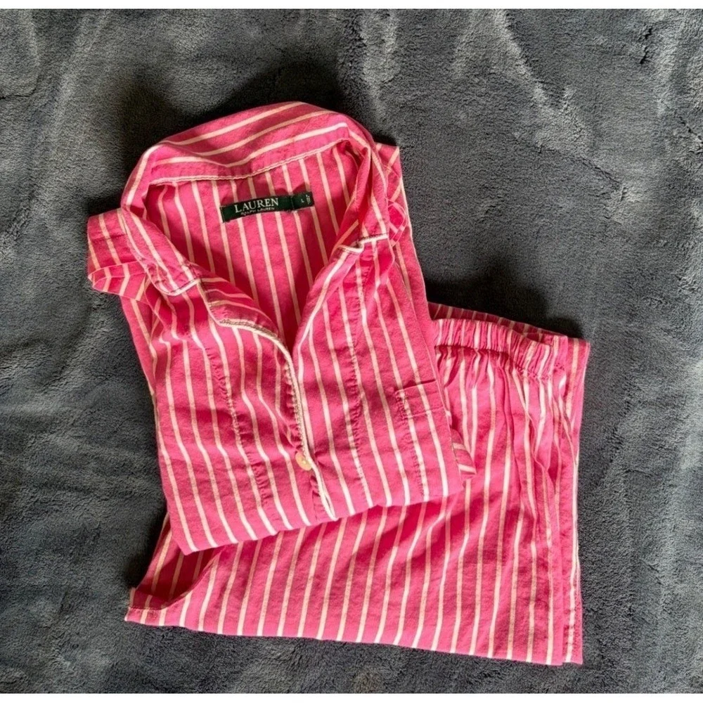 Lauren Ralph Lauren Pink White Striped Pajama Set L Button Down Crop Pants